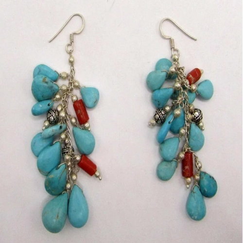 Sterling Silver Turquoise Beads Dangling Bracelet and Earrings Set