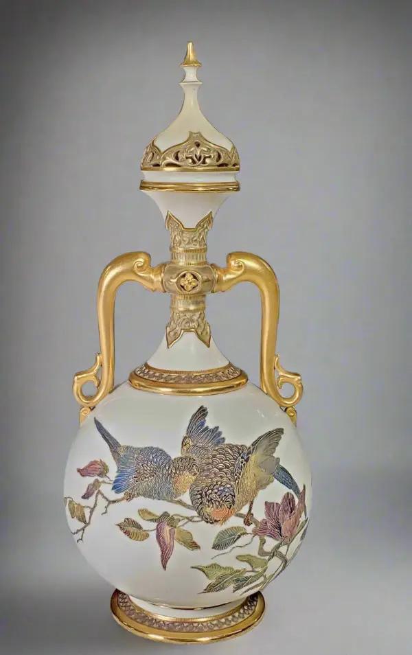 Parrots on Royal Worcester Par of Mantle Urns