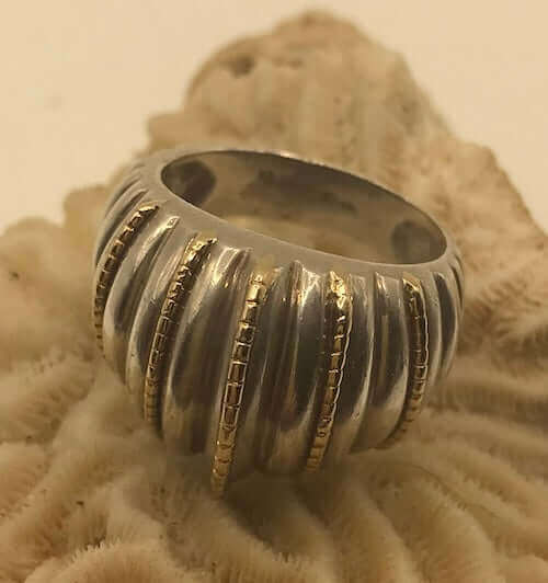 14k Yellow Gold Beaded Ribbed Sterling Dome Ring