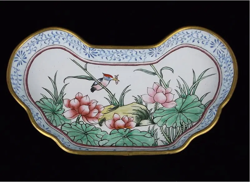 Antique Chinese Enameled Porcelain Lotus and Kingfisher Jewel Tray