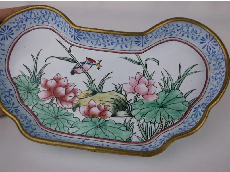 Antique Chinese Enameled Porcelain Lotus and Kingfisher Jewel Tray