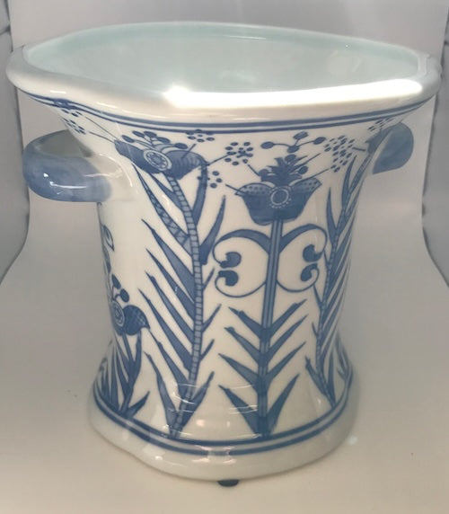 Vintage Blue And White Floral Chinoiserie Cachepot Planter Vase