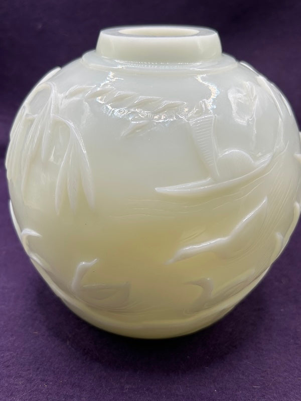 Carved Chinese Hetian White Jade ginger jar depicting a cloaked figure by water, ducks, and a junk boat against mountains.