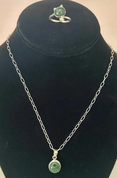 Cat Sterling Malachite Ring and Necklace Set Shop Thrifty Treasures