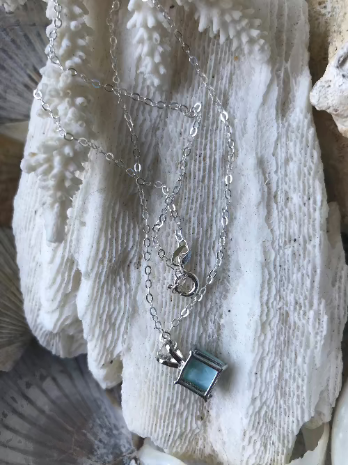 Sterling Silver Natural Princess Cut Larimar Pendant Necklace