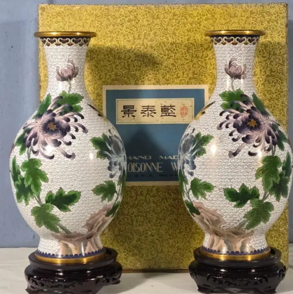 White Ground Cloisonne Chrysanthemum Vases 