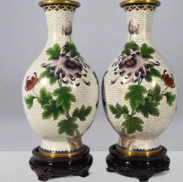 White Ground Cloisonne Chrysanthemum Vases 