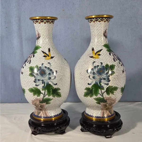 White Ground Cloisonne Chrysanthemum Vases 