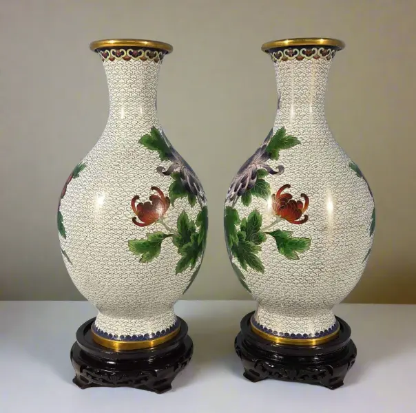 White Ground Cloisonne Chrysanthemum Vases 