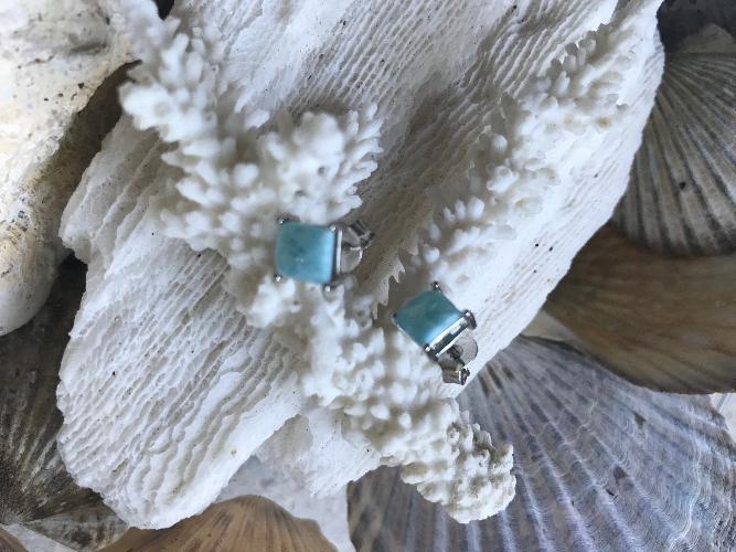 Sterling Silver Natural Princess Cut Larimar Stud Earrings