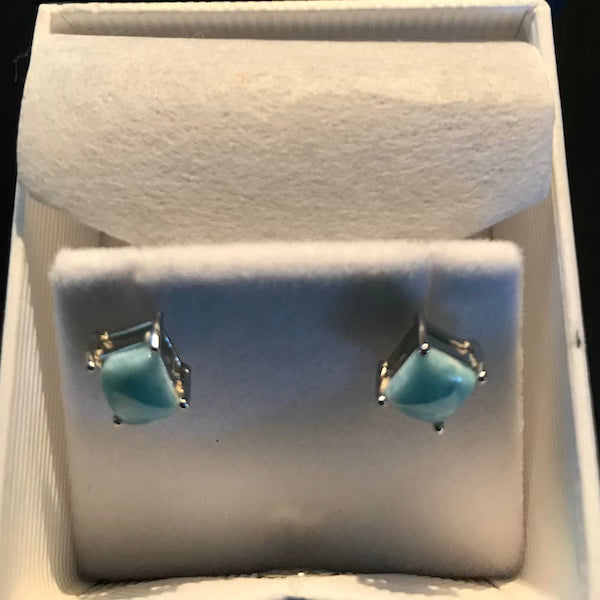 Sterling Silver Natural Princess Cut Larimar Stud Earrings