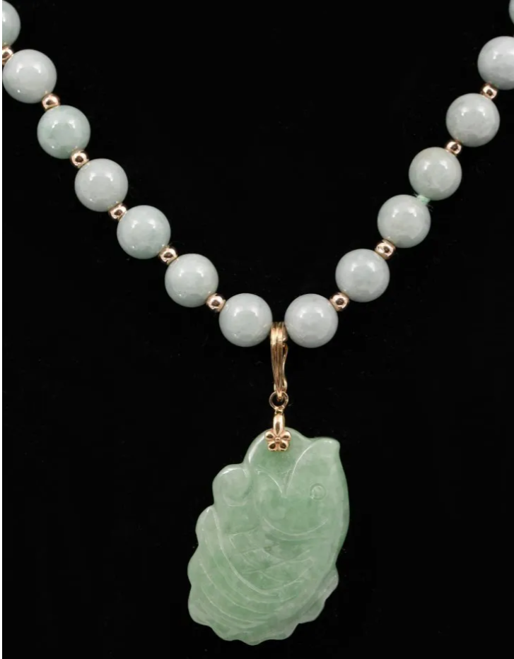 Nephrite Jade & 14k Gold Beads w/ Carved Jade Fish Enhancer Necklace