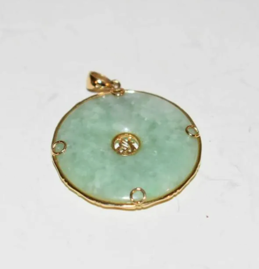 Fine 14k Gold White Green Jadeite Jade Medallion Necklace