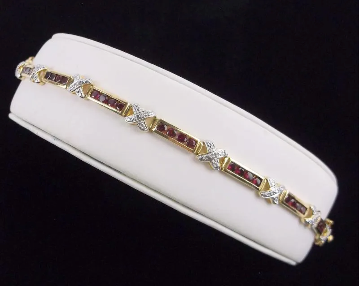 Vintage Ruby Diamond Gold Over Sterling Tennis Bracelet 8"