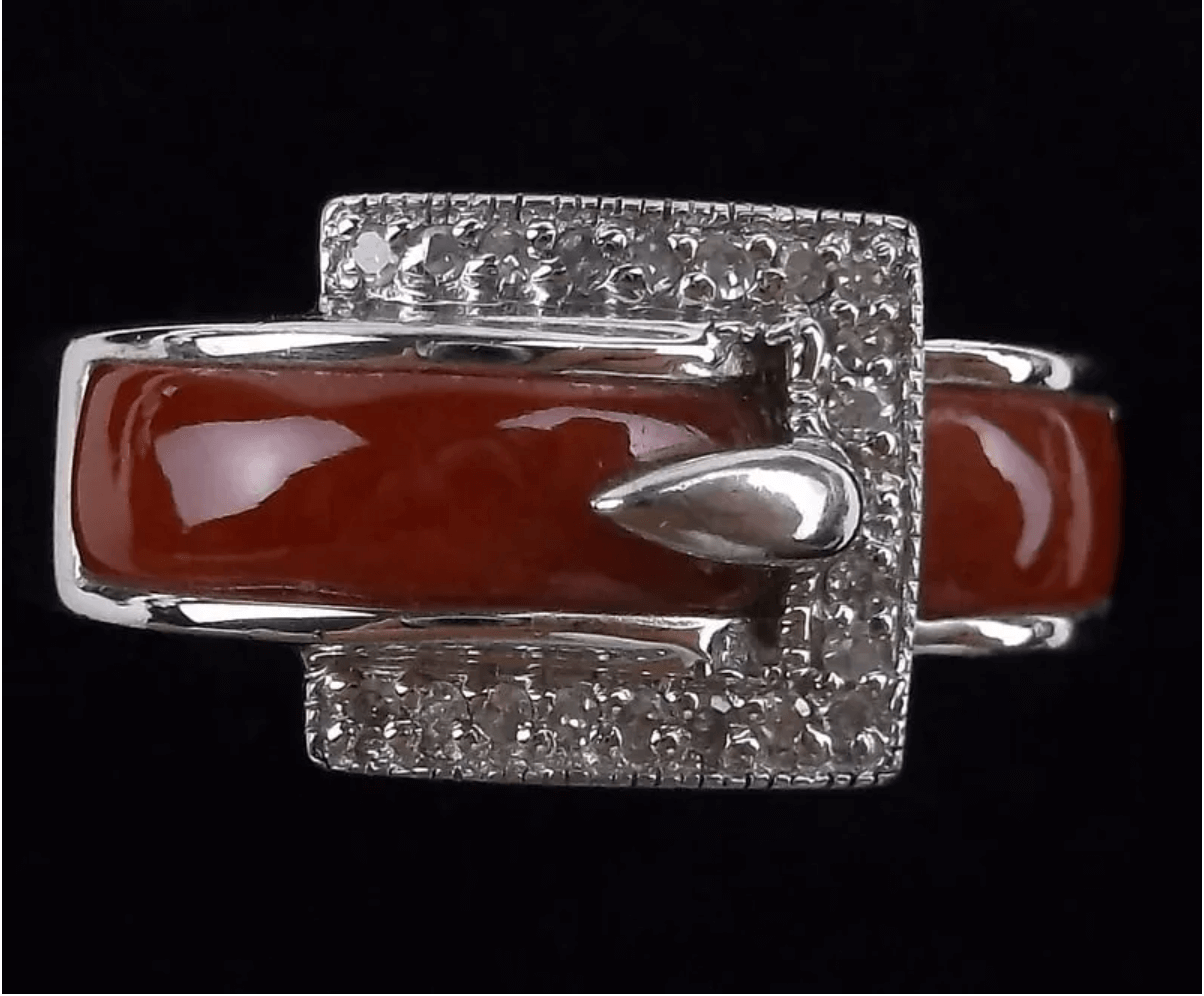 Red Jade and Diamond Designer Sterling Ring