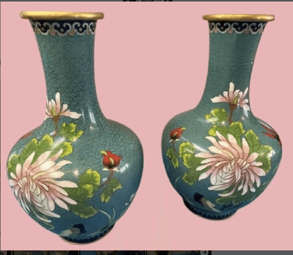 Pair of Cloisonne Turquoise Chrysanthemum Vases