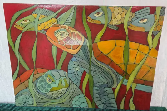 Vibrant Hand-Painted Sea Turtle and Fish Original Artwork on Board Shop Thrifty Treasures