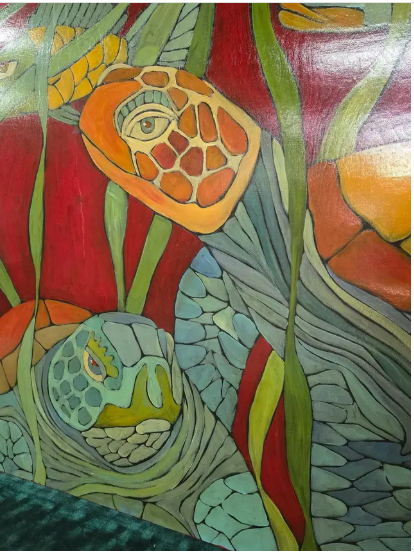 Vibrant Hand-Painted Sea Turtle and Fish Original Artwork on Board Shop Thrifty Treasures