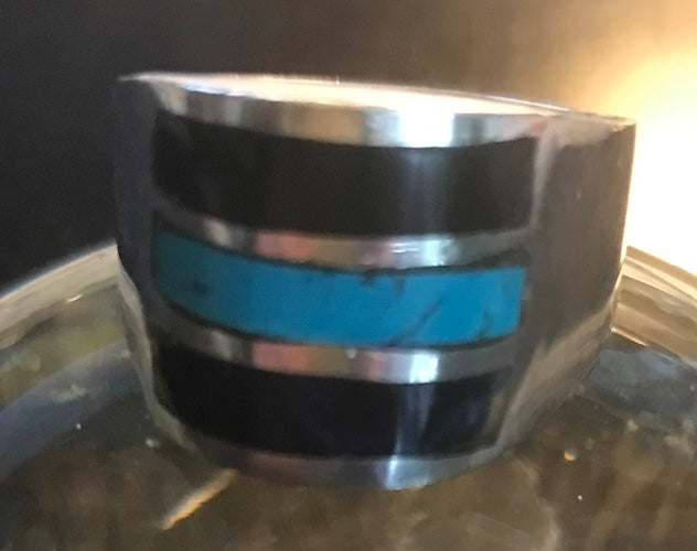 Native American Sterling Silver Onyx and Turquoise Ring