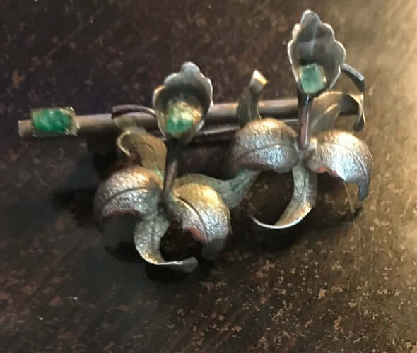Sterling twin Orchids with raw emeralds on Bar Pin