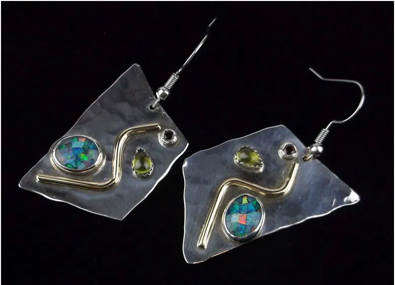 1950s Sterling Silver Amethyst Opal Peridot Abstract Earrings