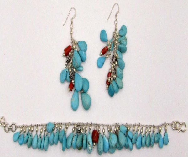 Sterling Silver Turquoise Beads Dangling Bracelet and Earrings Set