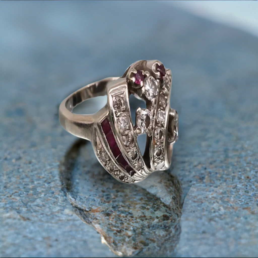 14K White Gold Round Brilliant Cut Diamonds and Ruby Ring