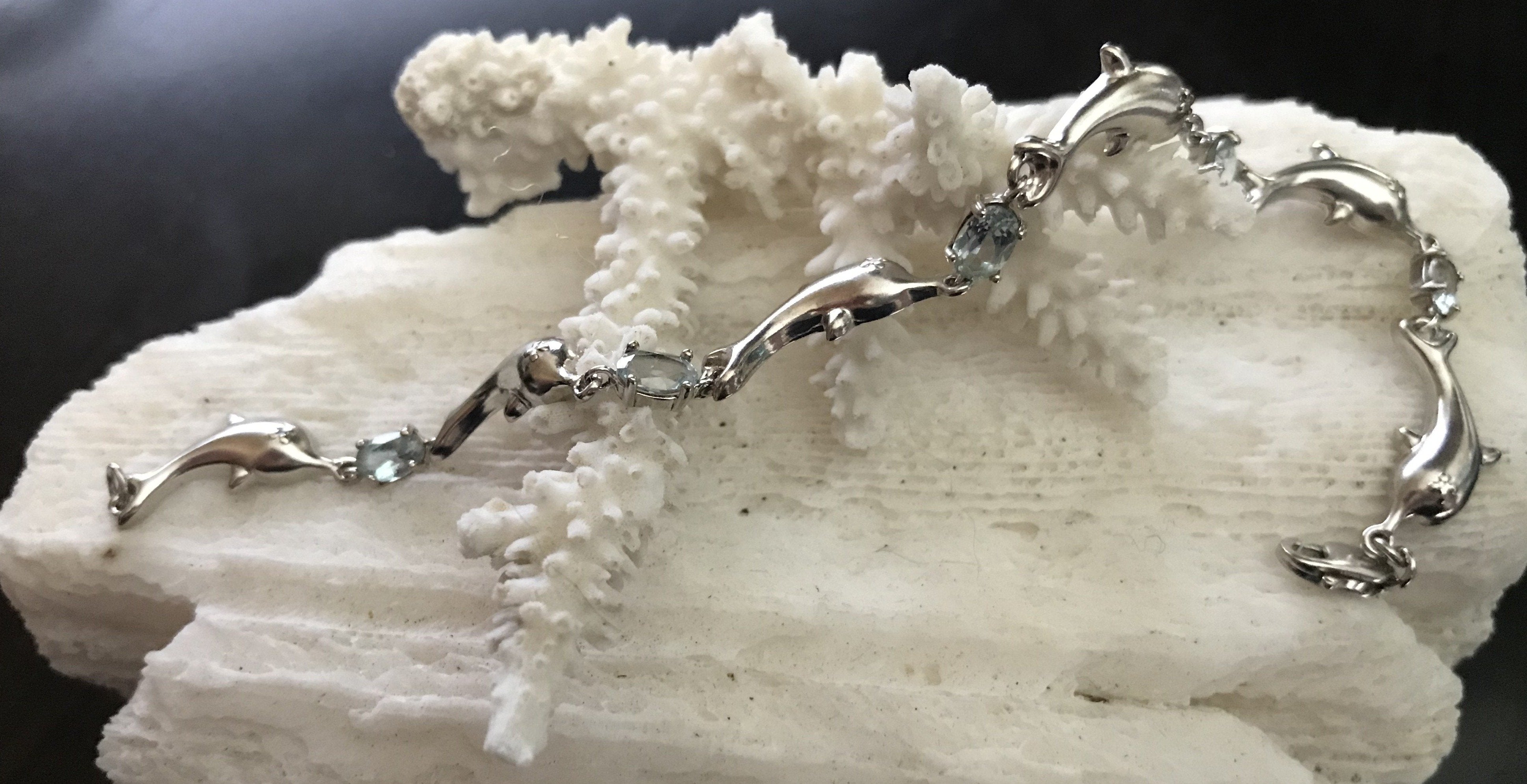 925 Silver Dolphin Bracelet w/ Diamond & Caribbean Blue Topaz Stones - Shop Thrifty Treasures