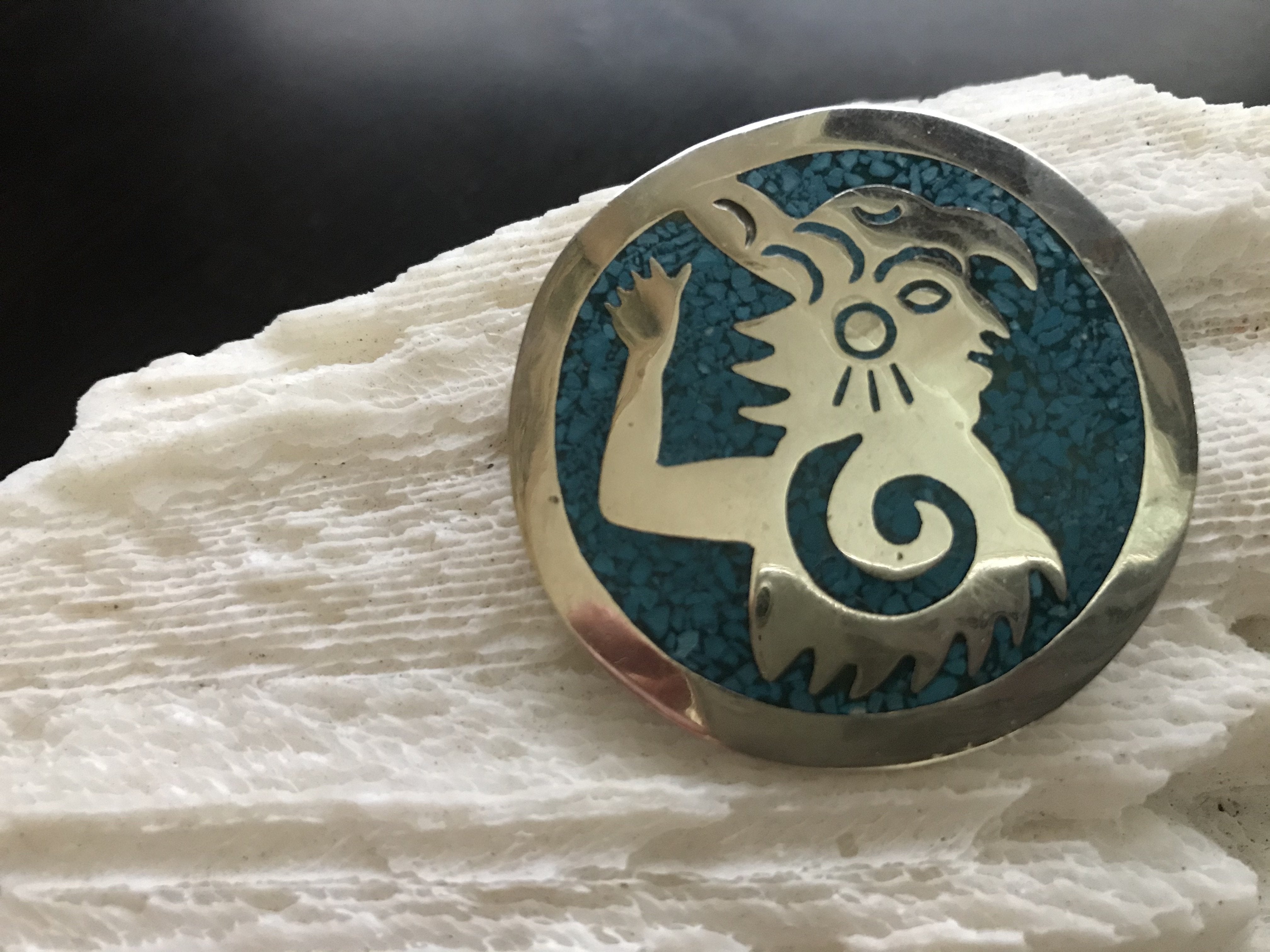 Native Alpaca Large Circular Aztec Inlaid Turquoise Silver Pendant or Pin - Shop Thrifty Treasures