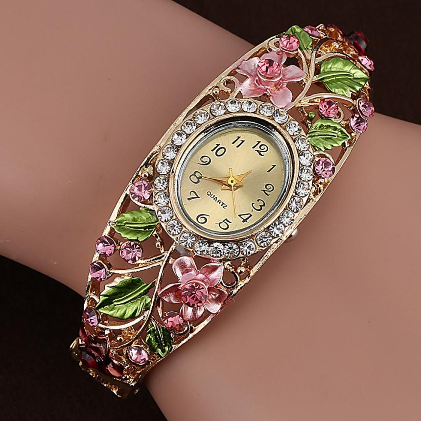 Crystal Flower Bangle Bracelet Watch Pink