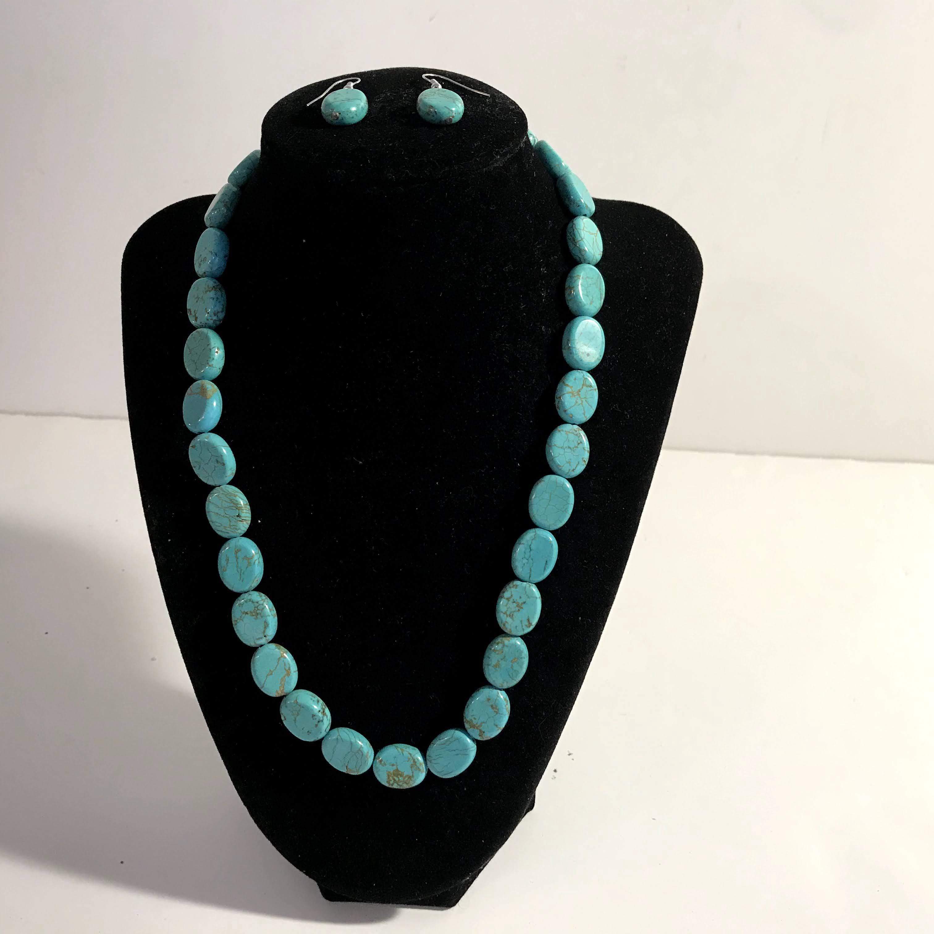 American West Blue Turquoise Round Stone Necklace w/ Matching Earrings - Shop Thrifty Treasures