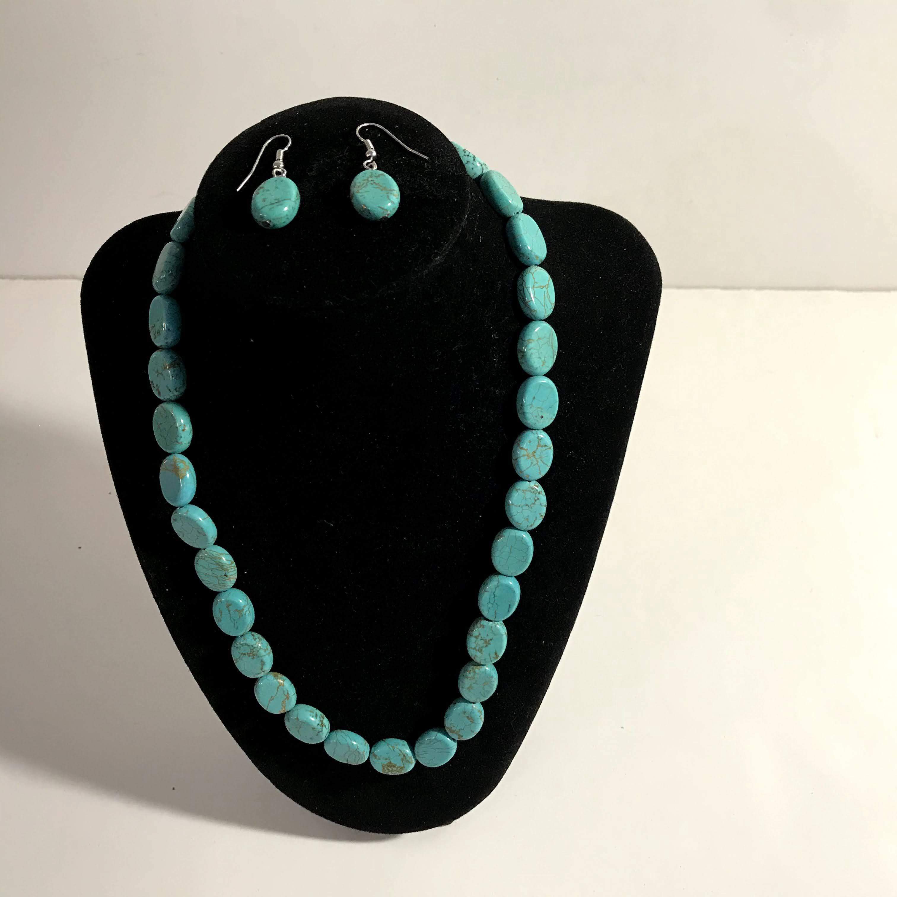 American West Blue Turquoise Round Stone Necklace w/ Matching Earrings - Shop Thrifty Treasures