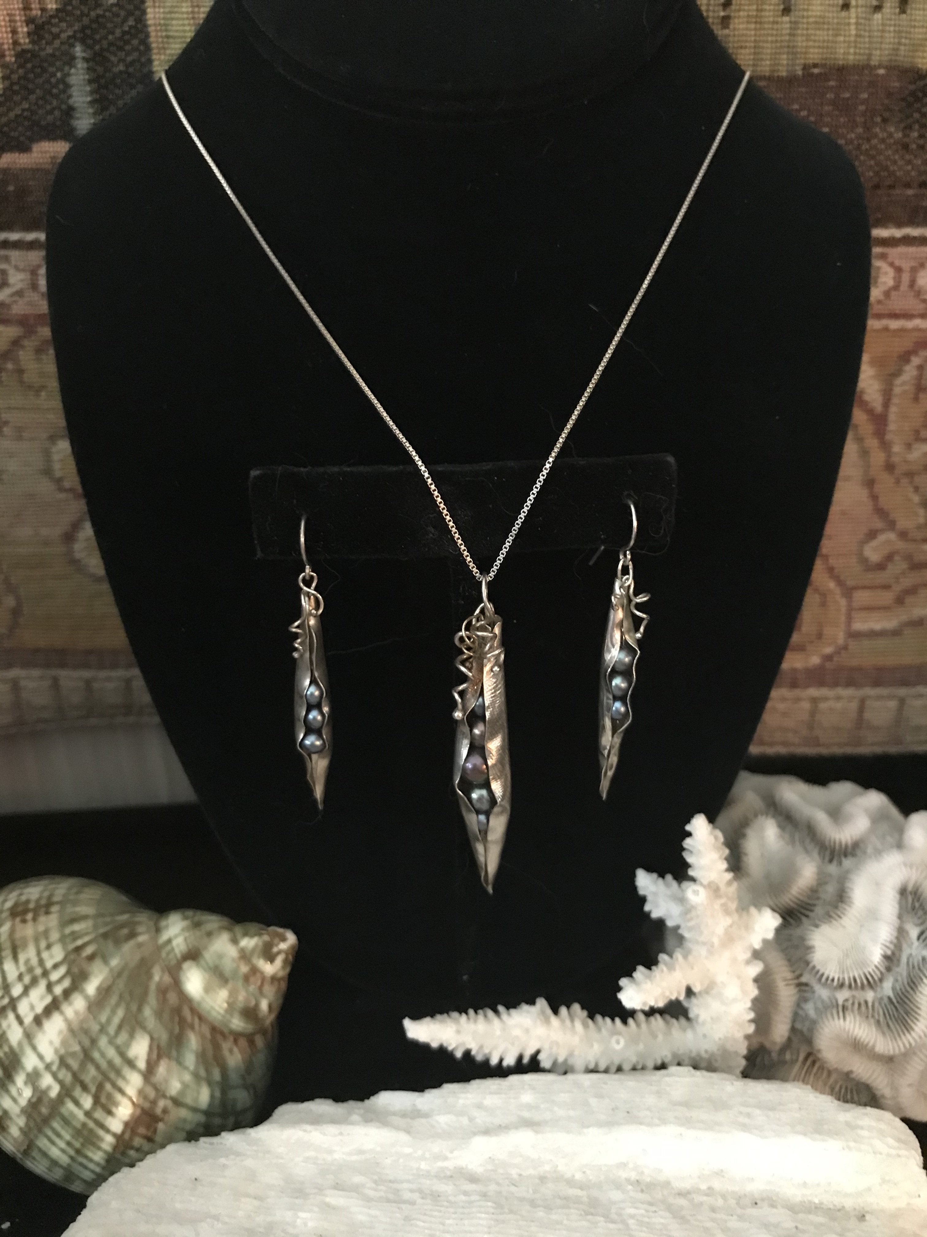 Handcrafted Artisan Pearls in a Pod Sterling Necklace and Earrings Set - Shop Thrifty Treasures