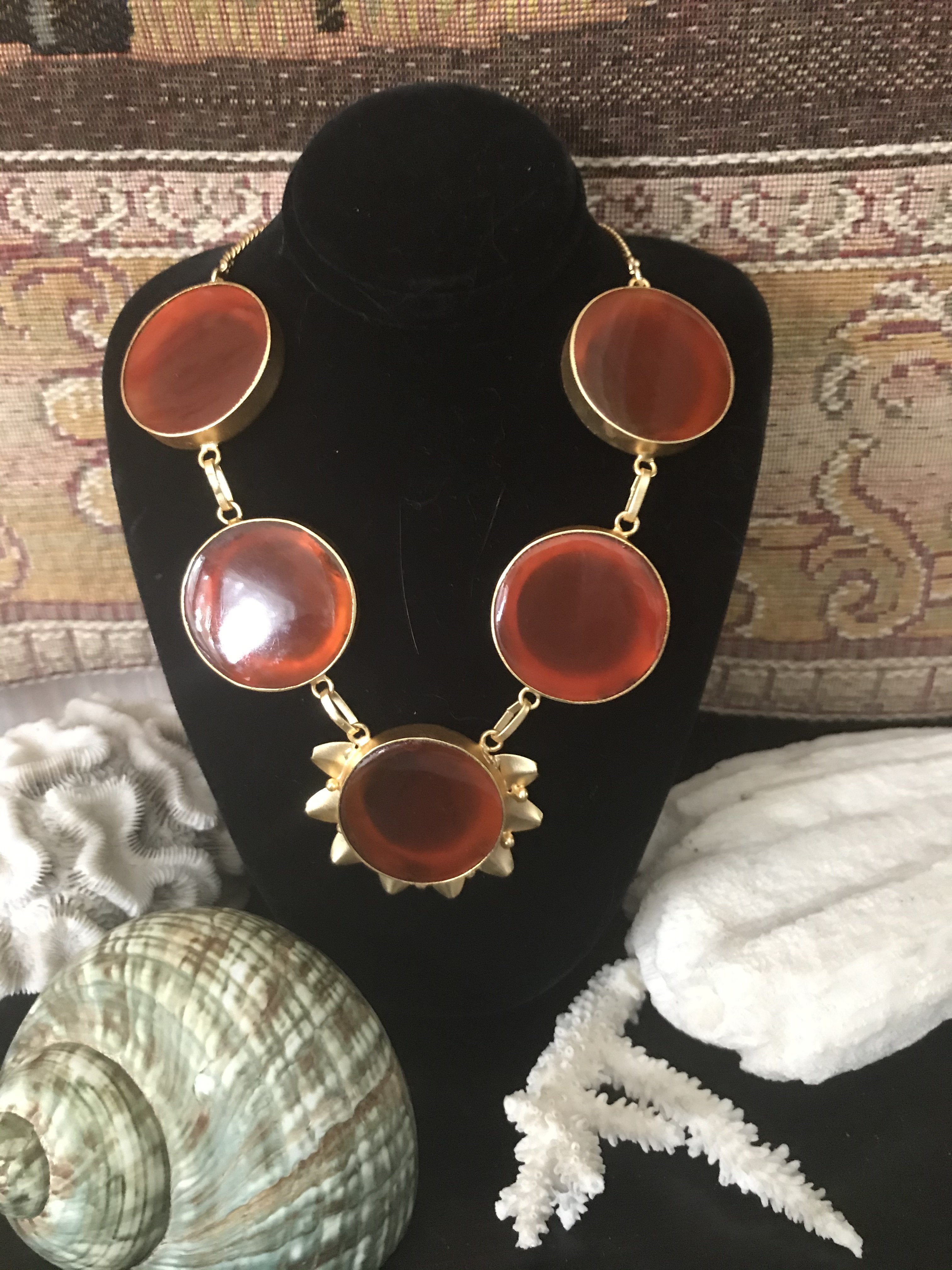 Handmade Large Carnelian Gemstone Gold Plated Necklace 18" - Shop Thrifty Treasures