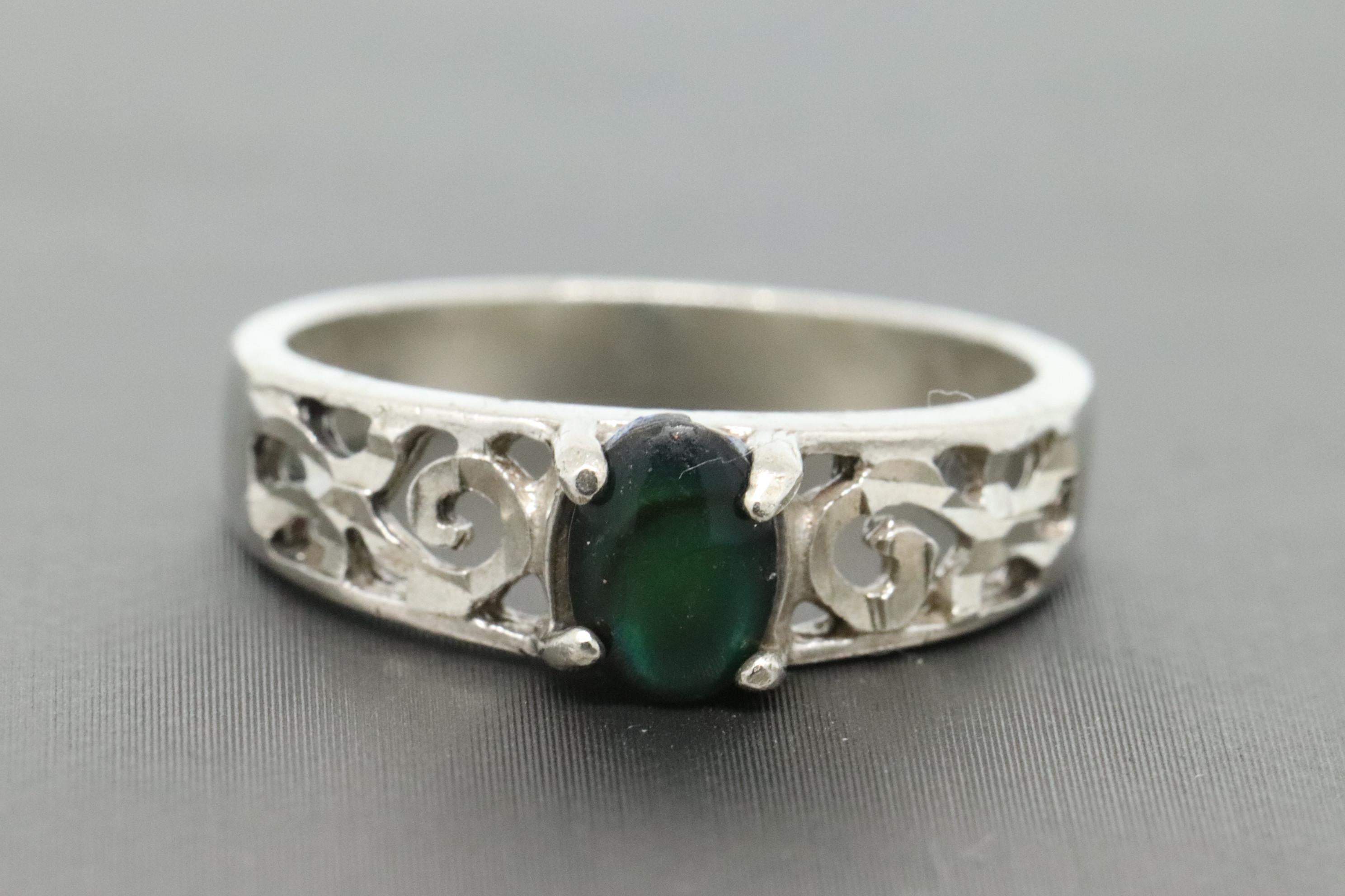 Vintage Filigree Sterling Silver Green Stone Ring Size 7.75 - Shop Thrifty Treasures