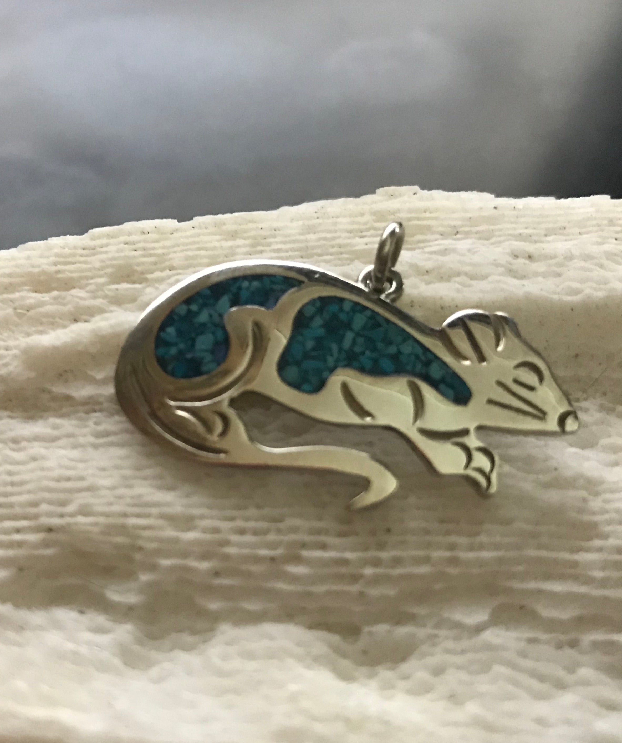 Native Alpaca Mouse Aztec Inlaid Turquoise Silver Pendant