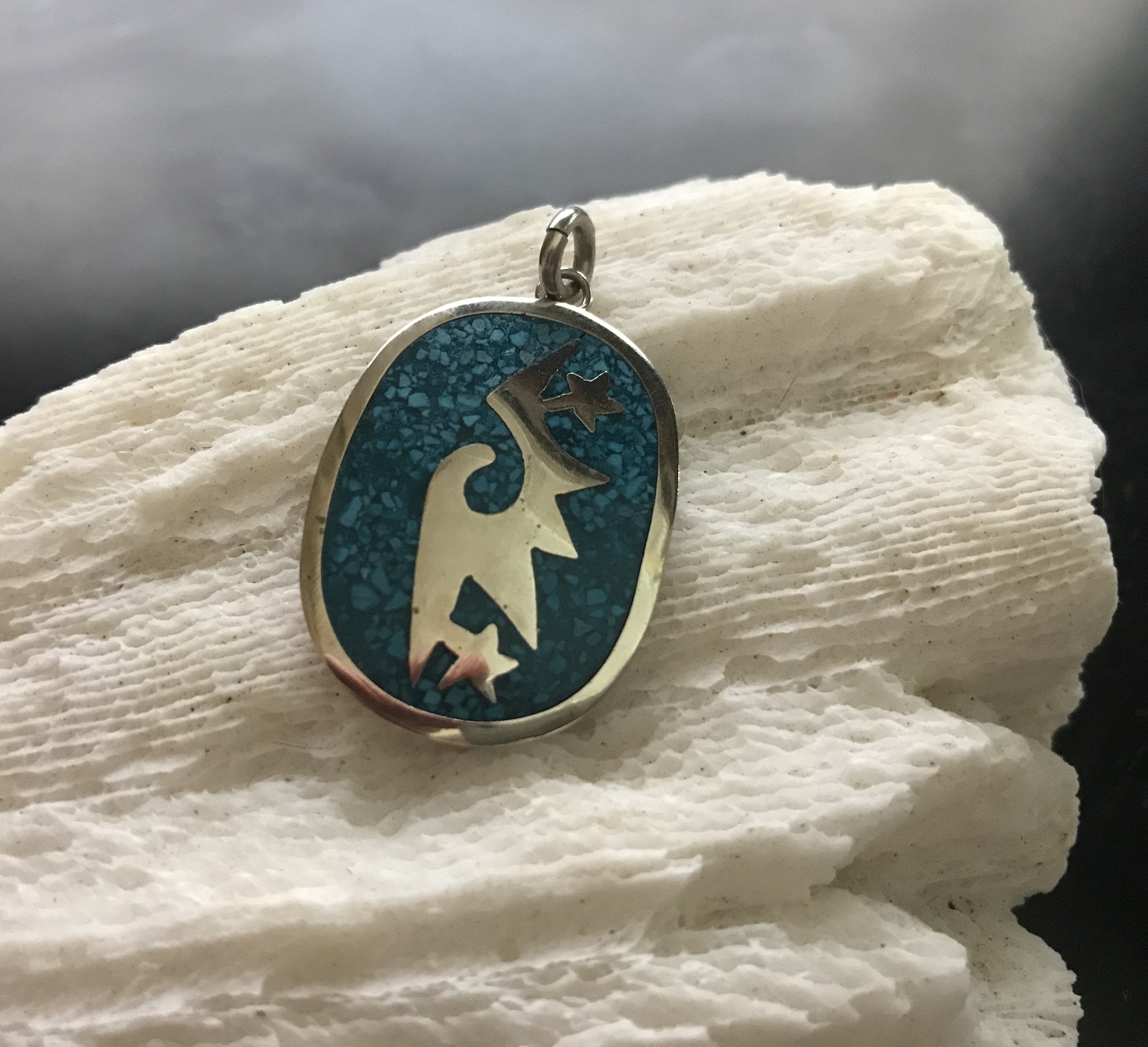 Native Alpaca Star Bird Aztec Inlaid Turquoise Silver Pendant - Shop Thrifty Treasures