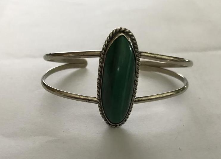 Native American Sterling Silver Large Malachite Cuff Bracelet - Shop Thrifty Treasures