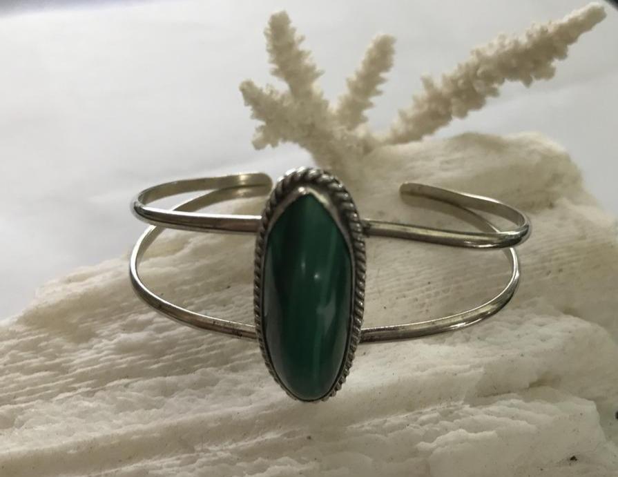 Native American Sterling Silver Large Malachite Cuff Bracelet - Shop Thrifty Treasures