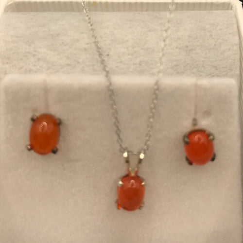 Natural Fire Opal Necklace and Earrings Jewelry Set