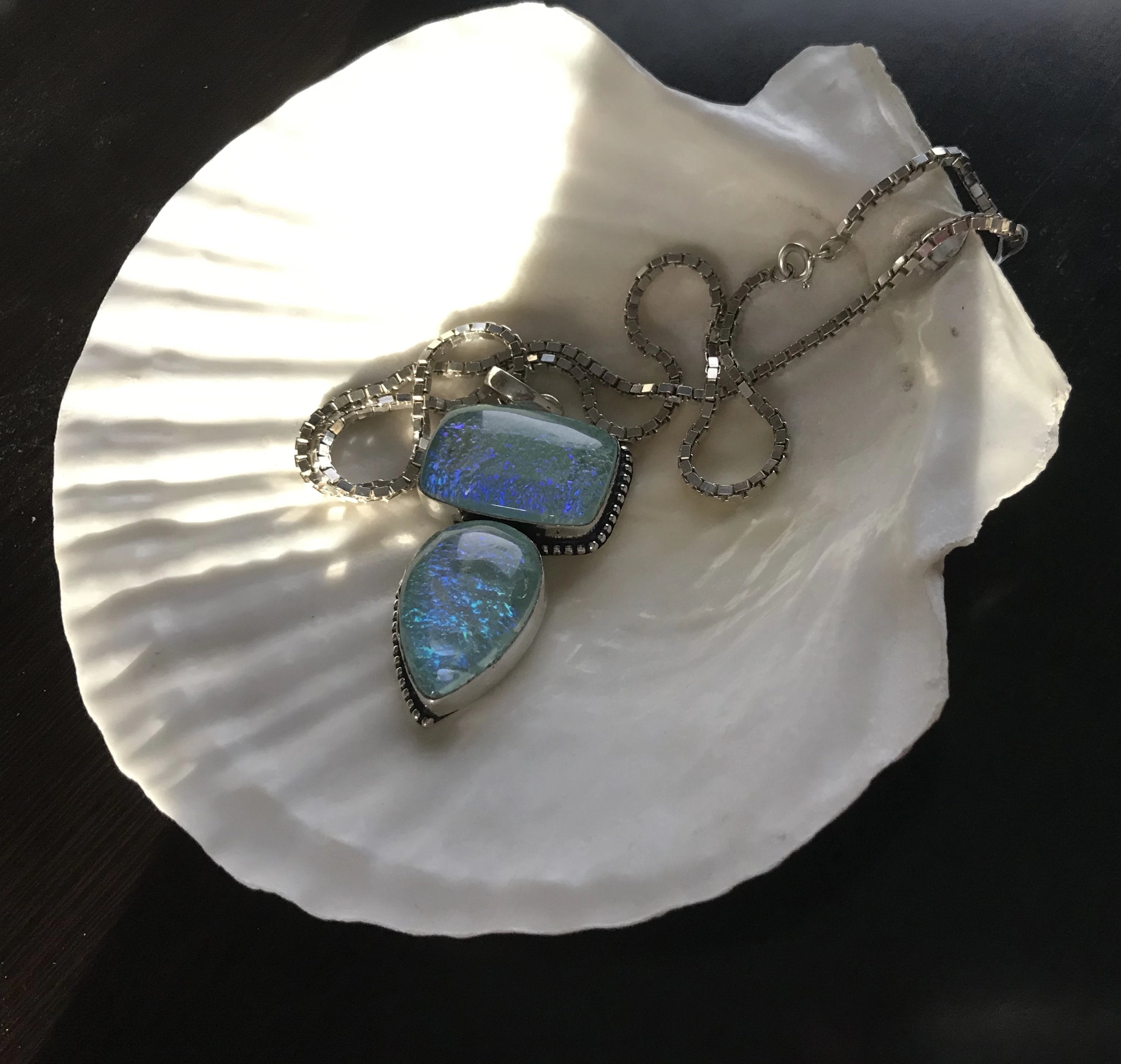 Large Opal Quartz Silver Pendant on Sterling Silver Box Chain - Shop Thrifty Treasures