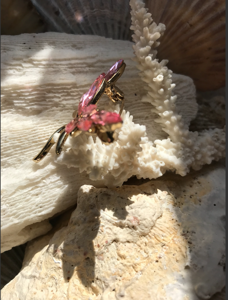 Mint Enameled Crystal Pink Rhinestone Golden Butterfly Brooch Pin