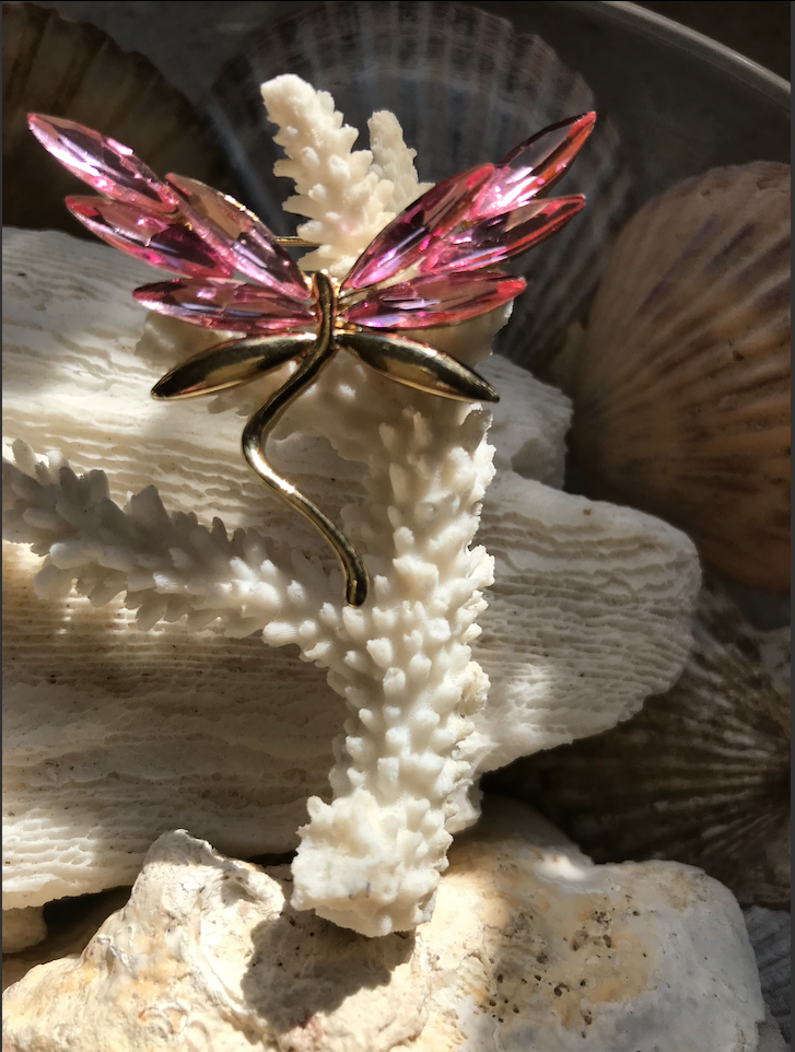 Mint Enameled Crystal Pink Rhinestone Golden Butterfly Brooch Pin