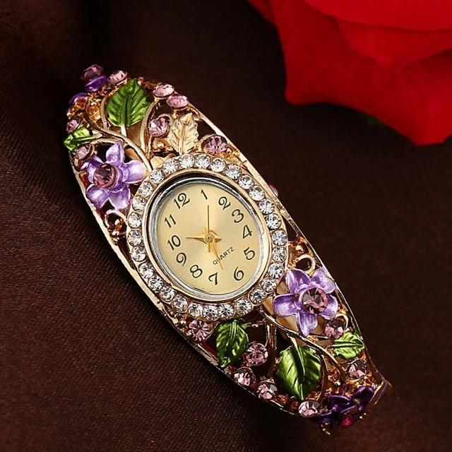 Crystal Flower Bangle Bracelet Watch Purple