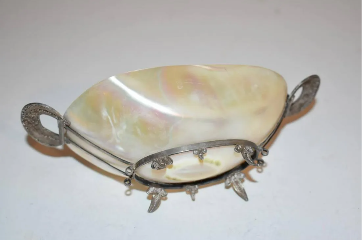 Rare Antique Sterling Silver MOP Serving Bowl Caviar Dish