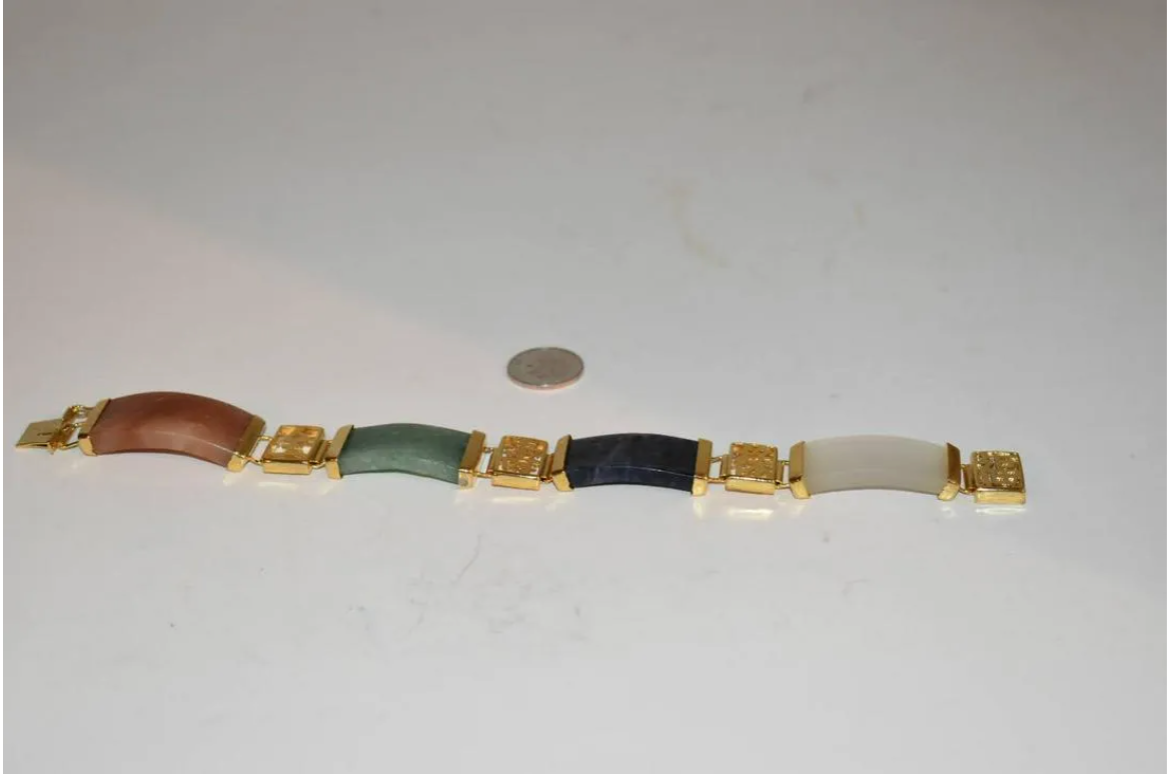 Vintage Jade "Good Fortune" Bracelet Gold Over Sterling Silver