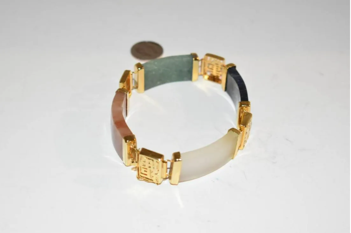 Vintage Jade "Good Fortune" Bracelet Gold Over Sterling Silver