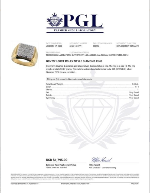 Men's Diamond Ring certificate