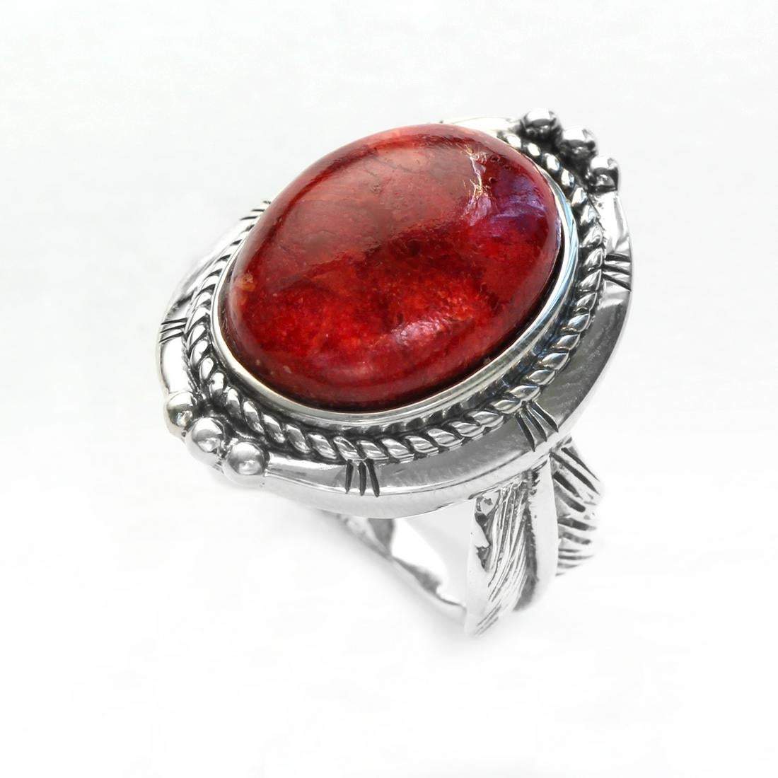 Sterling Silver Oval Red Coral Leaf Detailed Ring-Size 8 - Shop Thrifty Treasures