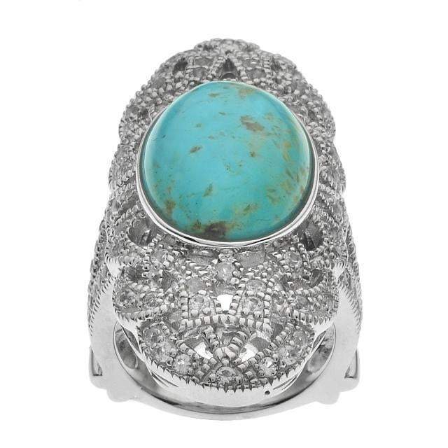Silver Turquoise & White Topaz Filigree Shield Ring Size 6 - Shop Thrifty Treasures